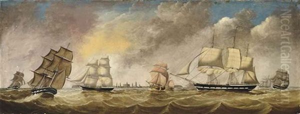 A Plethora Of Merchant Shipping In The Solent Off Hurst Castle Oil Painting by Benjamin Tindall of Hull