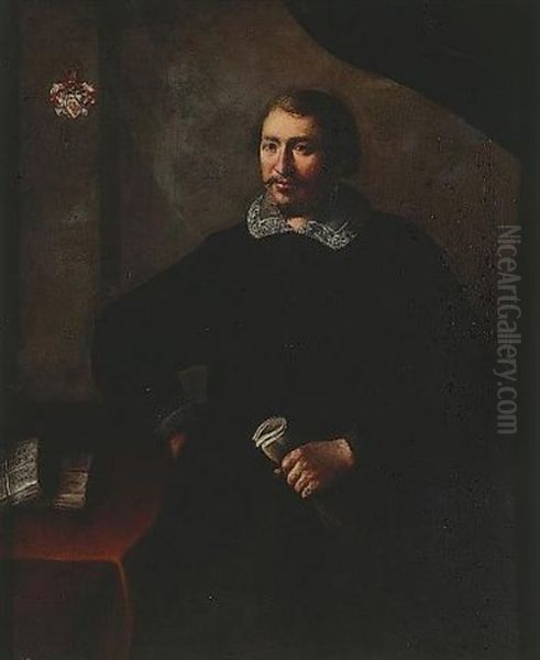 Portrait Of A Gentleman Of The Van Axel Family, In Black Costume, In An Interior Beside Letters On A Table Draped With A Red Cloth, Holding A Pair Of Gloves Oil Painting by Tiberio Tinelli