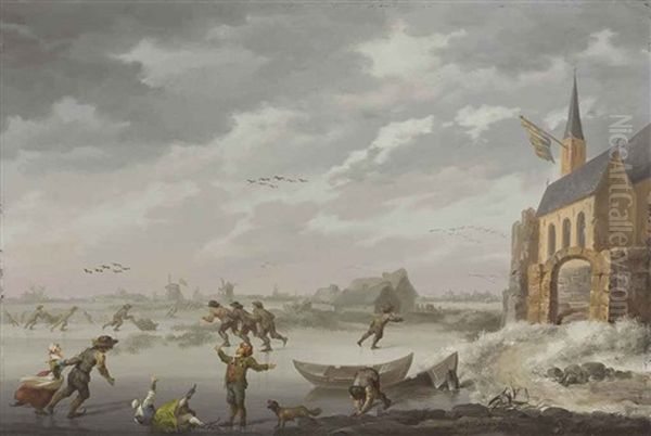 Skaters On A Frozen Lake, With Windmills And A Town Beyond Oil Painting by Johannes Willem Tingeler