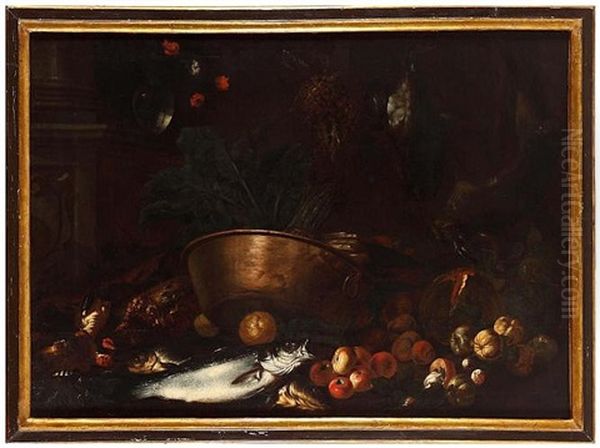 A Big Still Life With Flowers, Fruits, Vegetables, Fishes And A Copper Pot Oil Painting by Simone Del Tintore