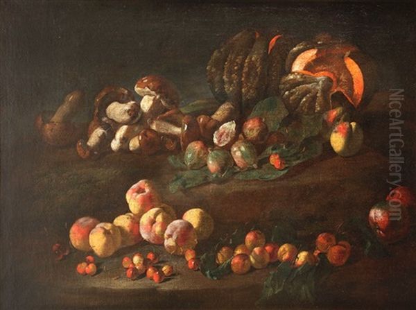 Nature Morte Aux Champignons, Peches, Cerises, Melons Et Figues Oil Painting by Simone Del Tintore