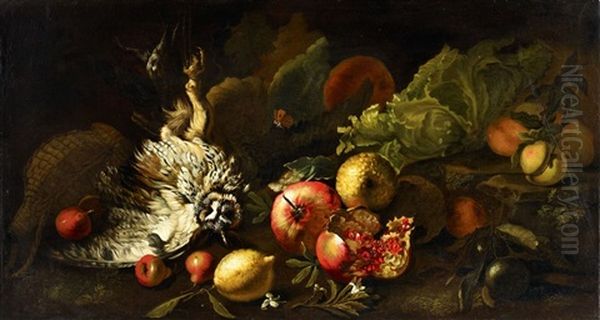 Still Life With An Owl And A Pomegranate Oil Painting by Simone Del Tintore