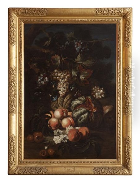 Still Life With Peaches, Grapes And Melons Oil Painting by Simone Del Tintore