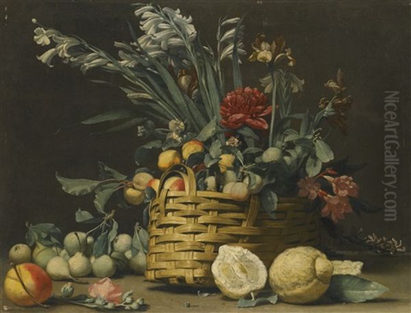 Still Life With Pears, Apples, Chrysanthemum And Other Flowers In A Basket Beside Two Large Lemons Oil Painting by Simone Del Tintore