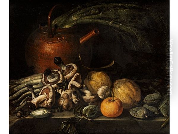 Stilleben Mit Pilzen, Obst Und Gemuse Mit Einem Kupferkessel Oil Painting by Simone Del Tintore