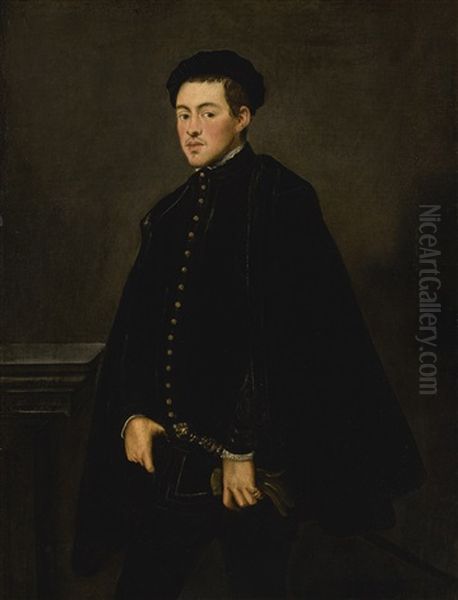 Portrait Of A Young Nobleman, Three Quarter Length, With A Black Velvet Cap, Doublet, And Cape, Resting His Hand On A Sword Oil Painting by  Tintoretto