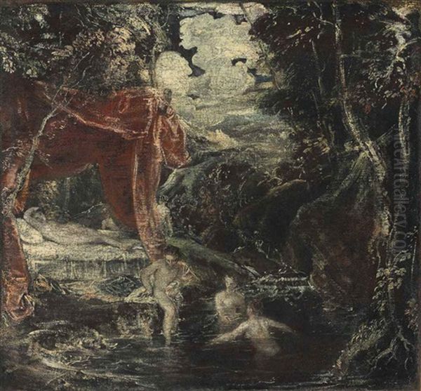 A Wooded Landscape With Diana And Her Nymphs Bathing In A Rocky Pool Oil Painting by  Tintoretto