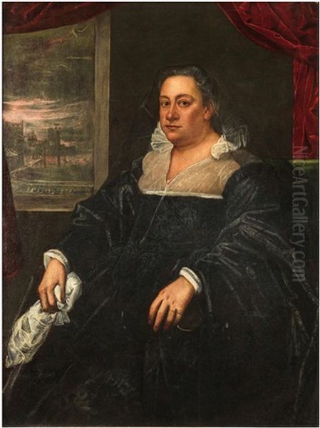 Portrait De Dame Devant Une Fenetre Oil Painting by Domenico Tintoretto