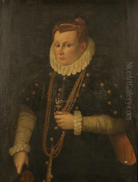 A Portrait Of A Woman Standing Three-quarter Length Holding A Gold Chain And Wearing A Jewelled Pendant From A Button Oil Painting by Domenico Tintoretto