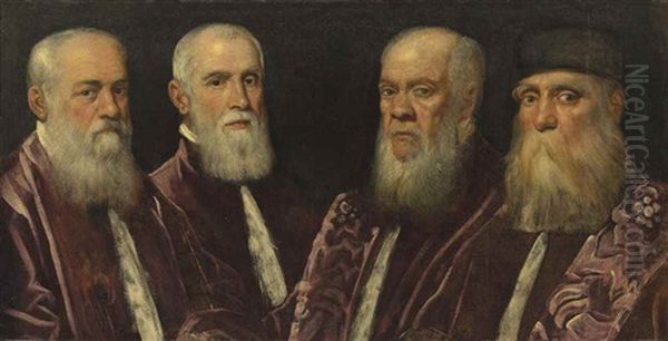 A Group Portrait Of Four Venetian Senators, Bust-length Oil Painting by Domenico Tintoretto