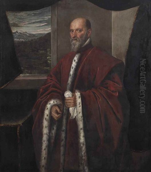 Portrait Of A Venetian Senator, Three-quarter Length, In A Red Ermine-lined Robe Standing By A Window With A Mountainous Landscape Beyond Oil Painting by Domenico Tintoretto