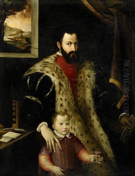 A Portrait Of A Senator With A Child Oil Painting by Domenico Tintoretto