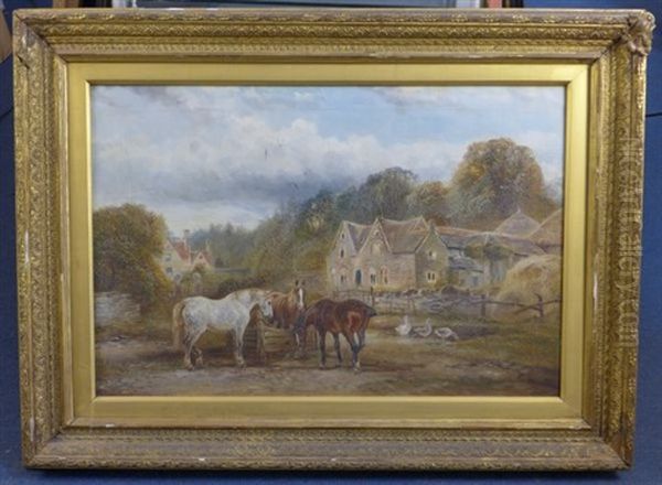 Cattle Watering In The Grounds Of A Country House And Horses In A Farmyard (pair) Oil Painting by William Vivian Tippet