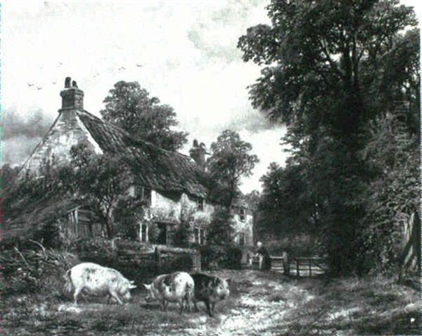 Pigs Before A Country Cottage Oil Painting by William Vivian Tippet