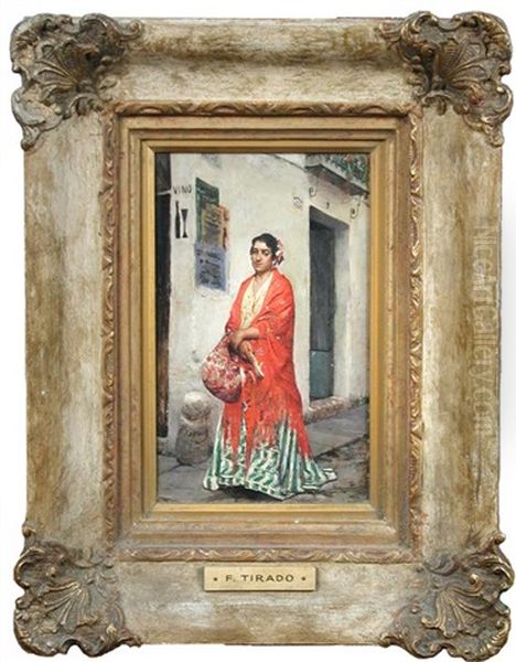 A Spanish Lady In A Red Embroidered Shawl Oil Painting by Fernando Tirado