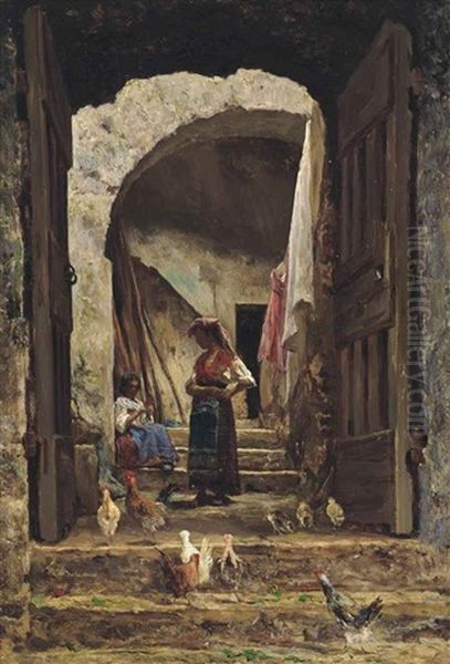 Conversation In An Alleyway Oil Painting by Aurelio Tiratelli