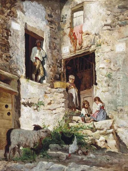 Playing On The Steps Of An Italian Villa Oil Painting by Aurelio Tiratelli