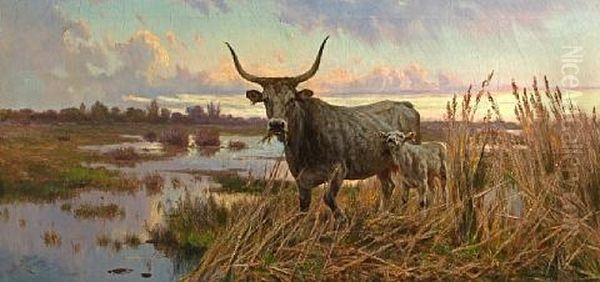 A Water Buffalo And Her Calf In A Marshy Landscape by Aurelio Tiratelli