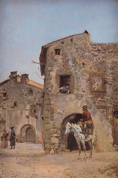 Scorcio Di Paese Con Figure E Cavallo Oil Painting by Cesare Tiratelli