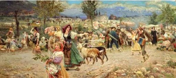 The Village Procession Oil Painting by Cesare Tiratelli