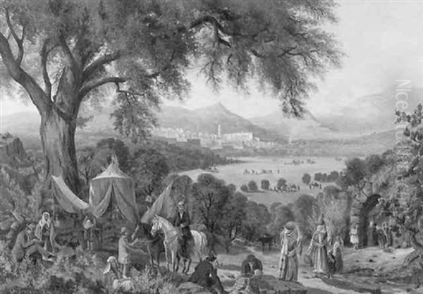 American Camp In The Levant, With Views Of Distant Plains And Hill Town Oil Painting by George A. Tirrell