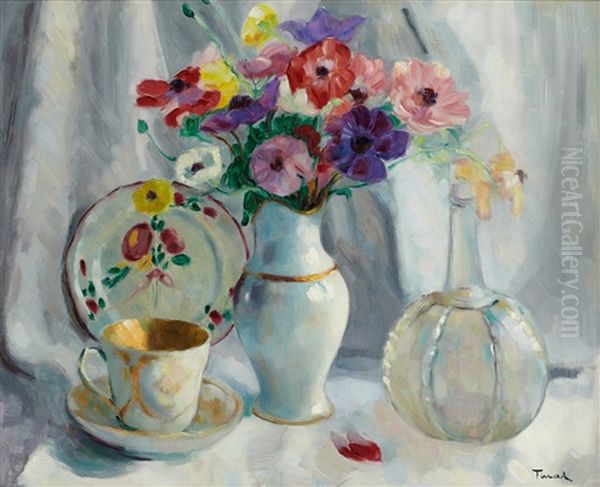 Anemones Dans Un Vase Et Tasse A Cafe Oil Painting by Eugene Tirvert