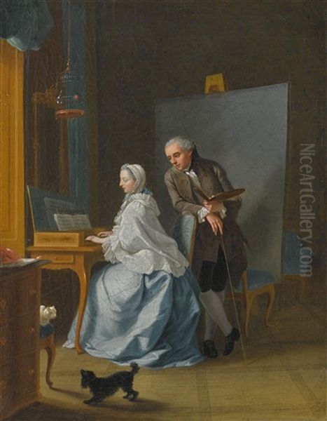 The Artist And His First Wife Marie Sophie At The Spinet Oil Painting by Johann Heinrich Tischbein the Elder