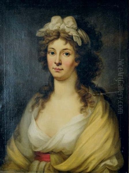 Portrait Of A Lady In A White Dress And Yellow Shawl, A White Scarf In Her Hair Oil Painting by Johann Heinrich Tischbein the Younger