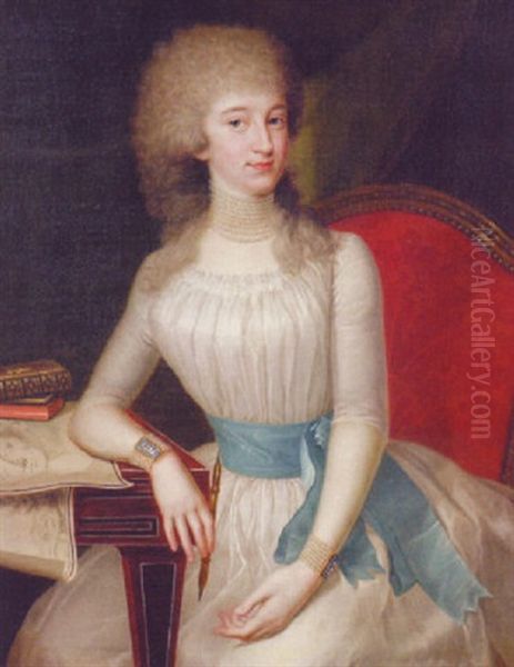 Portrait Of A Lady In A White Dress With A Blue Sash, Holding A Pencil, Her Right Arm Resting On A Table Oil Painting by Johann Heinrich Tischbein the Younger