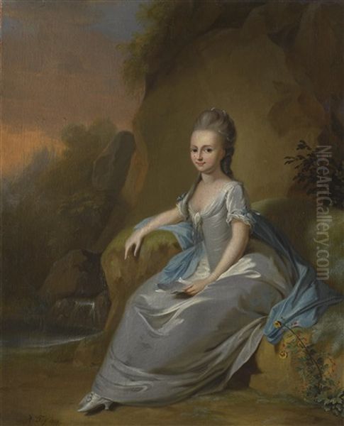 Portrait Of Elisabeth Von Breitenbach, Wearing A Blue Dress, Seated In A Landscape Oil Painting by Anton Wilhelm Tischbein