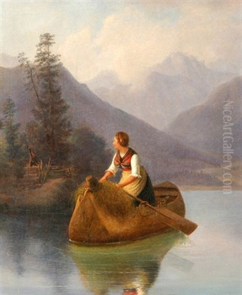 Bergsee Mit Boot Und Junger Sennerin, Im Hintergrund Ihr Winkender Geliebter Oil Painting by August Anton Tischbein