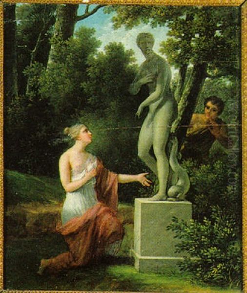 Ein Junges Madchen Erfleht Die Hilfe Der Venus Wahrend Sich Ihr Geliebter Hinter Einem Baum Verbirgt Oil Painting by Christian Wilhelm Tischbein