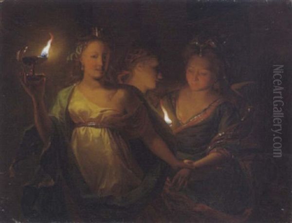 Drei Frauen Mit Brennenden Ollampen (die Klugen Jungfrauen?) Oil Painting by Heinrich Jacob Tischbein