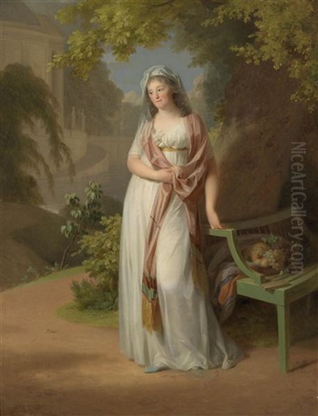 Bildnis Der Furstin (seit 1807 Herzogin) Luise Von Anhalt-dessau, Markgrafin Von Brandenburg-schwedt, An Einer Gartenbank Stehend Oil Painting by Johann Friedrich August Tischbein