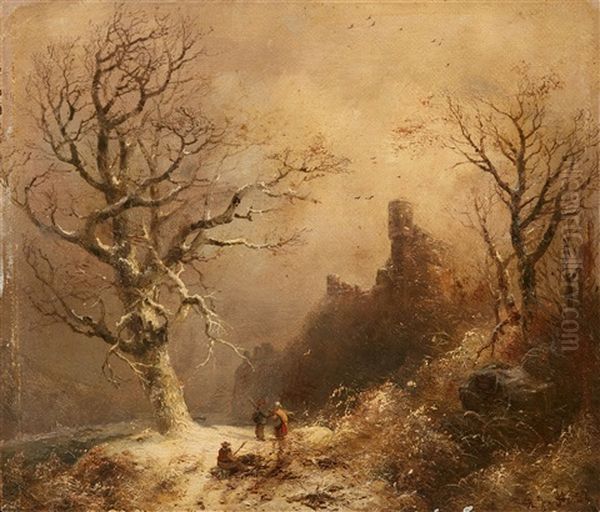 Peasants In A Winter Landscape Oil Painting by Johann Jacob Tischbein