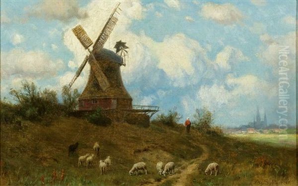 Weite Nordische Landschaft Mit Windmuhle, Im Hintergrund Stadtarchitektur Mit Einem Gotischen Dom Oil Painting by Martin August Christian Tisell