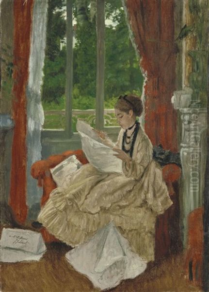 Jeune Femme Lisant Le Journal Oil Painting by James Jacques Joseph Tissot