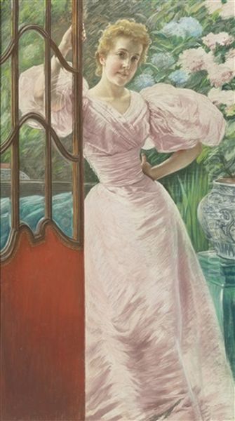 Portrait Of A Young Woman In A Conservatory Oil Painting by James Jacques Joseph Tissot