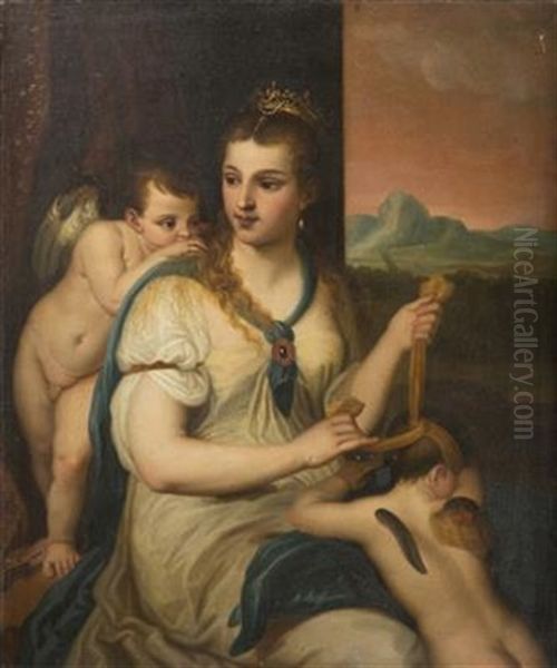 Venus Obliging Cupid's Eyes Oil Painting by  Titian