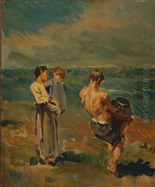 Famiglia In Riva Al Mare Oil Painting by Ettore Tito