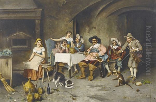 Ausgelassene Gesellschaft Mit Hund Und Affe In Einer Kuche Oil Painting by Francesco Tito