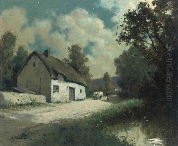 A Drover At A Country Cottage Under The Stars Oil Painting by H. Bremontier