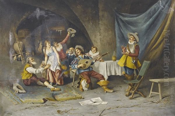 Ausgelassene Gesellschaft Mit Musikanten In Kellergewolbe Oil Painting by Francesco Tito