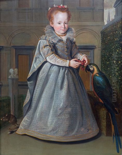 A Full-length Portrait Of Lucrezia, The Daughter Of Niccolo Di Sinibaldo Gaddi, Standing In The Garden Of The Palazzo Gaddi With A Macaw And A Jerboa Oil Painting by Santi Di Tito