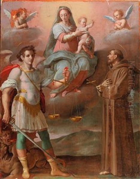 Madonna And Child Between The Archangel Michael And Saint Francis Oil Painting by Santi Di Tito