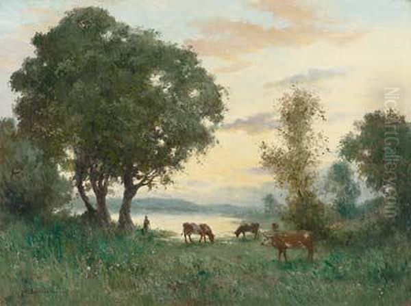 Abendstimmung Uberweidenden Kuhen Am Ufer Oil Painting by H. Bremontier