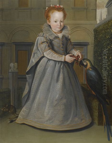 Portrait Of Lucrezia, Daughter Of Niccolo Di Sinibaldo Gaddi, Standing Full-length In The Garden Of The Palazzo Gaddi, With A Macaw And A Jerboa Oil Painting by Santi Di Tito