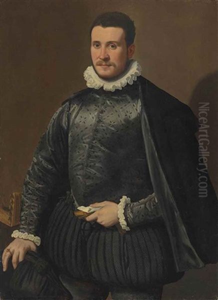 Portrait Of A Gentleman, In A Black Embroidered Silk Doublet And Cloak, With A Ruff, Holding Gloves And A Letter In His Left Hand, A Lute On The Table Oil Painting by Santi Di Tito