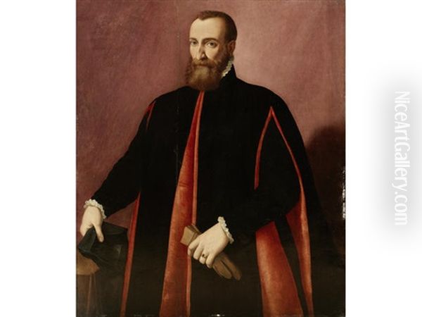 Portrait Of A Senator, Three-quarter-length, In Black And Red Costume, Standing Oil Painting by Santi Di Tito