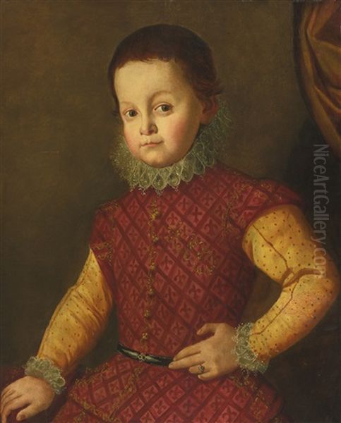 Portrait Of A Young Boy, Half Length, Wearing A Red Doublet With Yellow Sleeves by Santi Di Tito